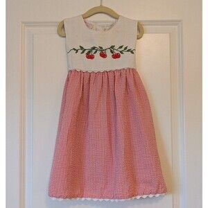Vintage Samara Girls Size 6 Embroidered Cherry Red White Gingham Tie Back Dress